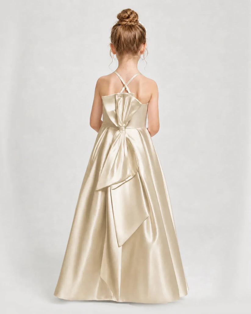 Champagne Satin A-line Girls Formal Dress Back View