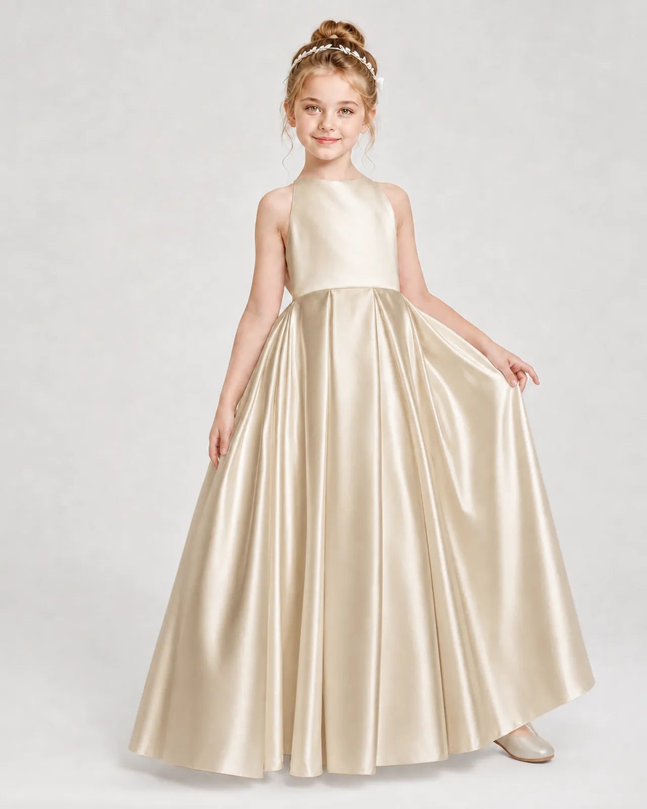 Champagne Satin A-line Girls Formal Dress Front View