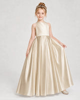 Champagne Satin A-line Girls Formal Dress Front View