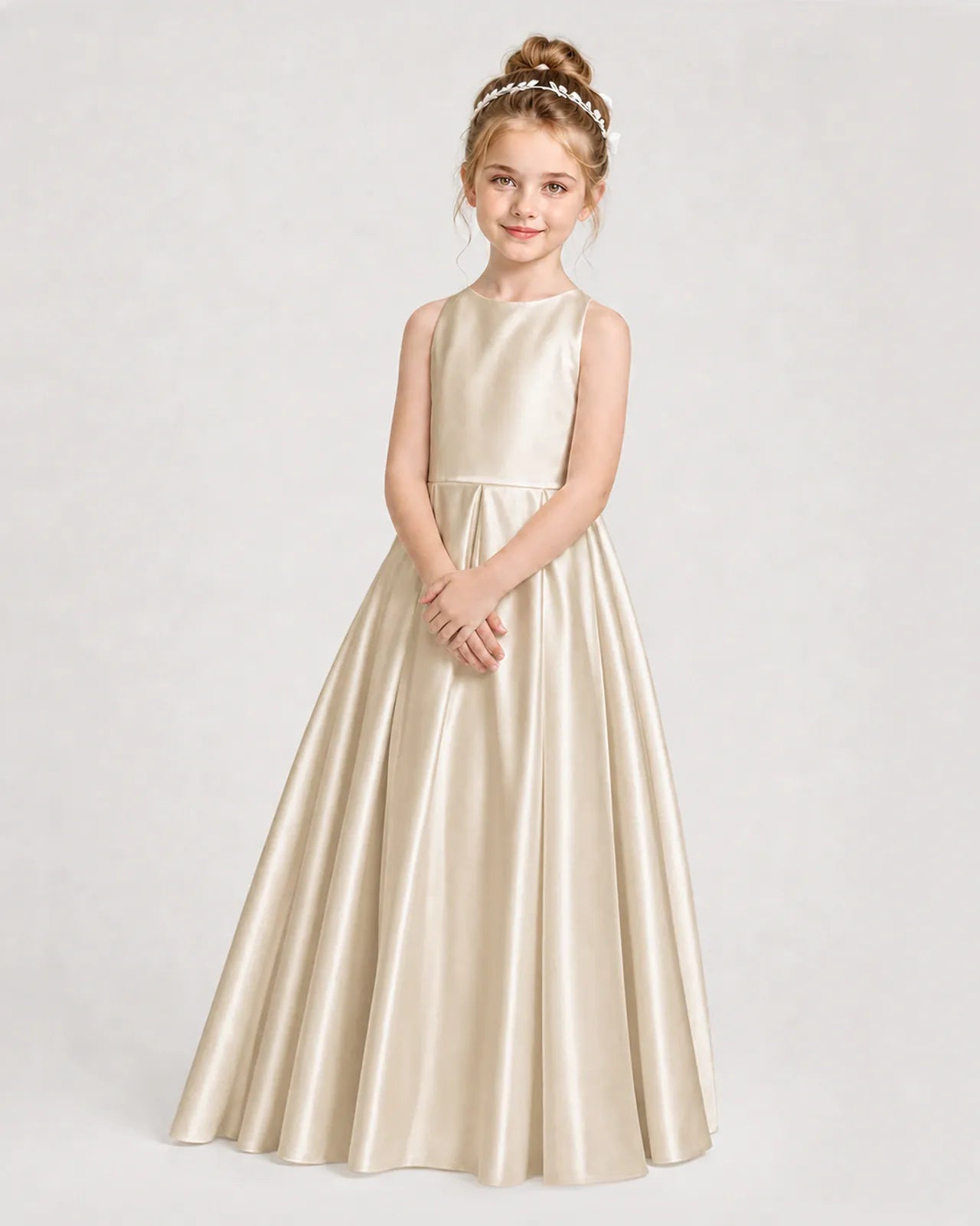 Champagne Satin A-line Girls Formal Dress Side View