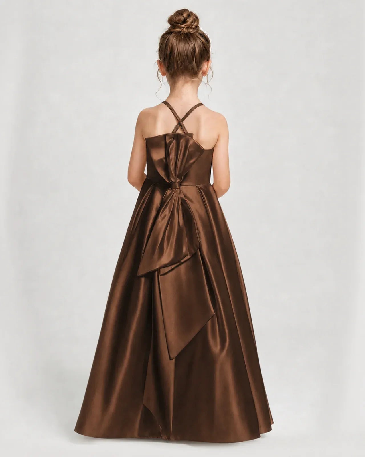 Chocolate Satin A-line Girls Formal Dress Back View