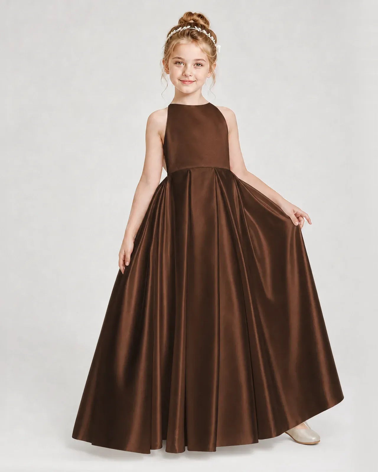 Chocolate Satin A-line Girls Formal Dress Front View