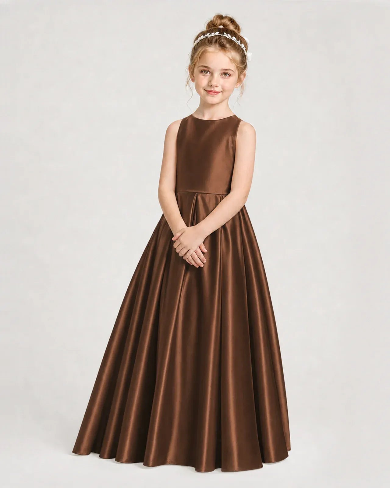 Chocolate Satin A-line Girls Formal Dress Side View