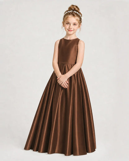 Chocolate Satin A-line Girls Formal Dress Side View