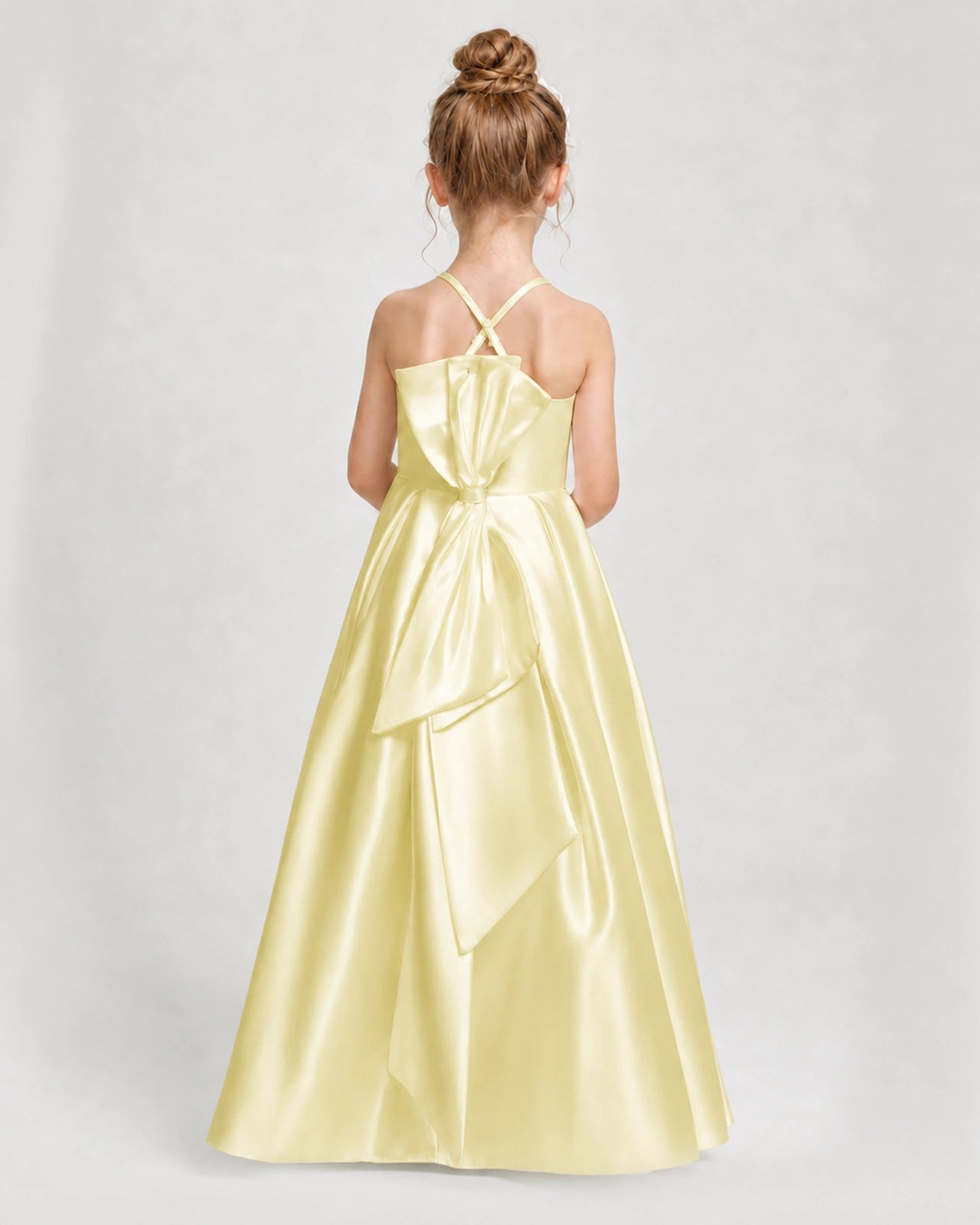 Dideyttawl Girls Formal Dress Halter Neck Bow Back Satin Floor-Length Gown
