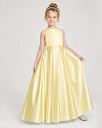 Dideyttawl Girls Formal Dress Halter Neck Bow Back Satin Floor-Length Gown