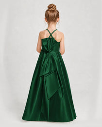 Dideyttawl Girls Formal Dress Halter Neck Bow Back Satin Floor-Length Gown
