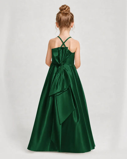 Dark Green Satin A-line Girls Formal Dress Back View