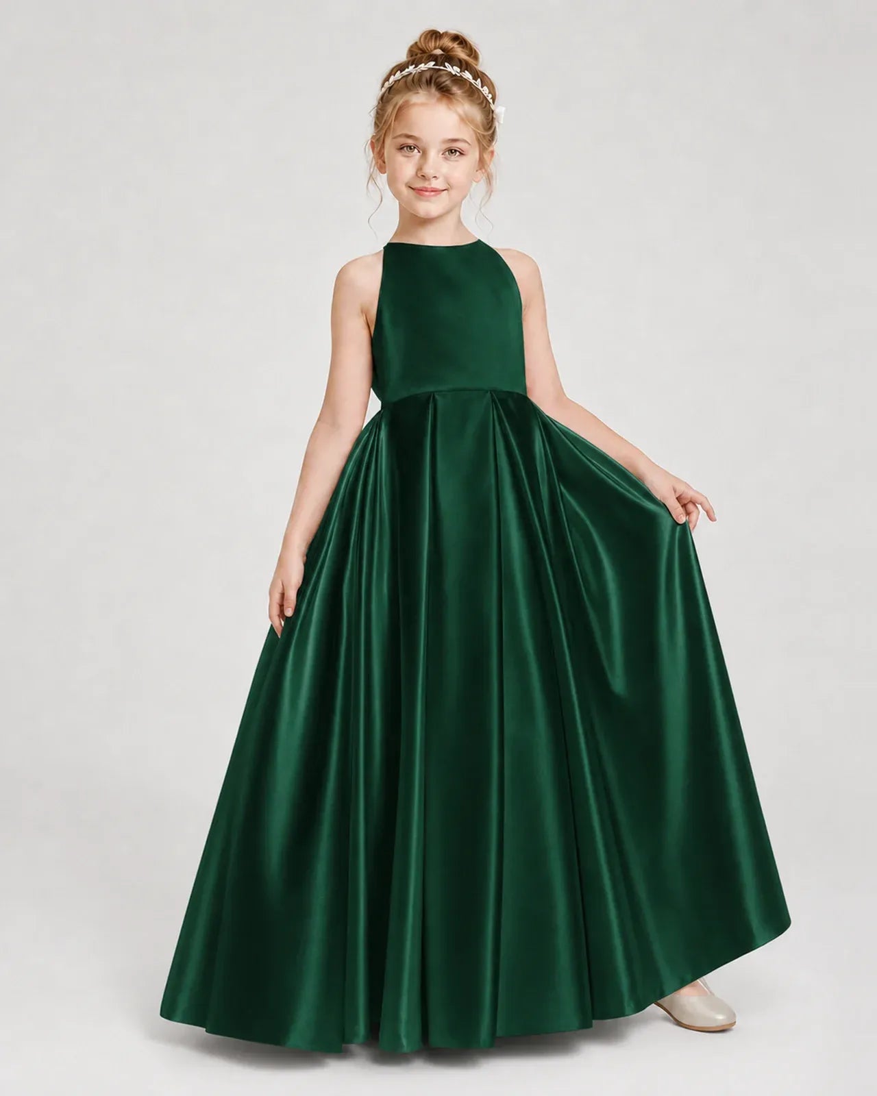 Dark Green Satin A-line Girls Formal Dress Front View