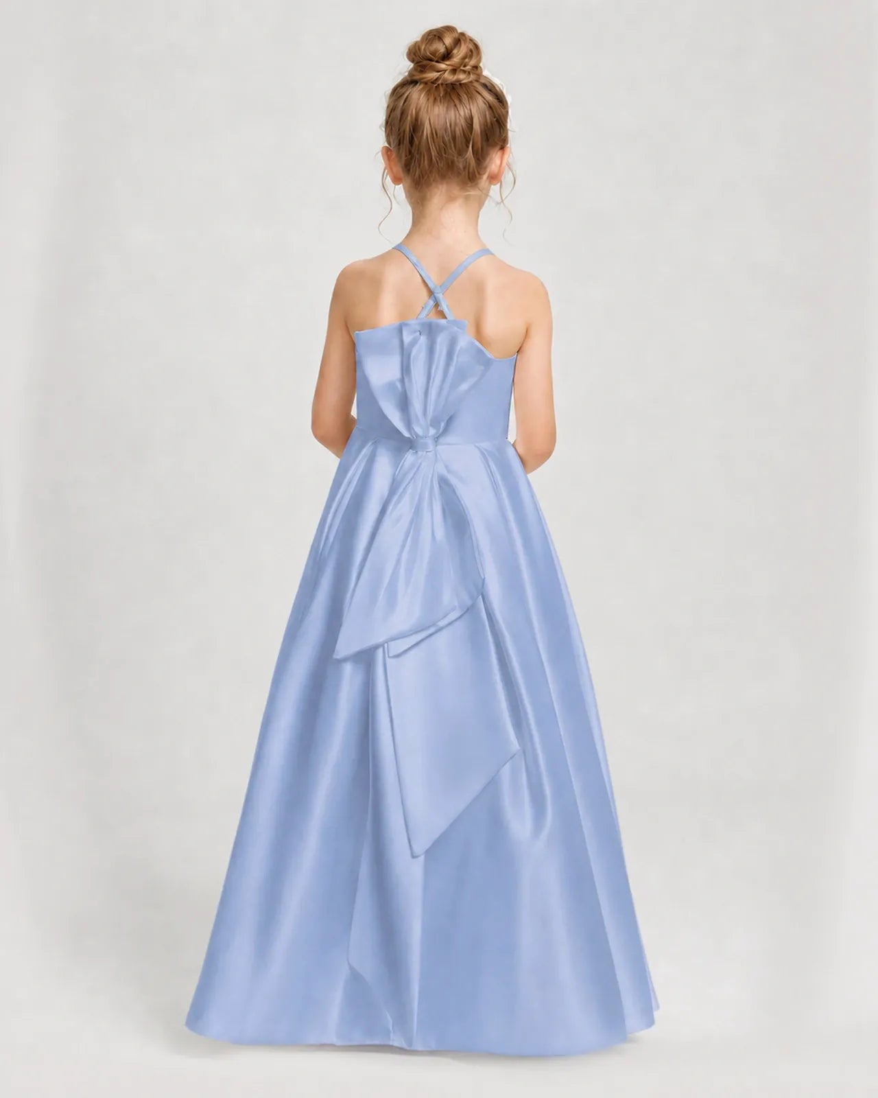 Dusty Blue Satin A-line Girls Formal Dress Back View