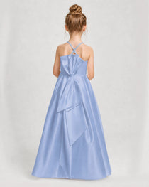 Dideyttawl Girls Formal Dress Halter Neck Bow Back Satin Floor-Length Gown