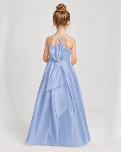 Dusty Blue Satin A-line Girls Formal Dress Back View