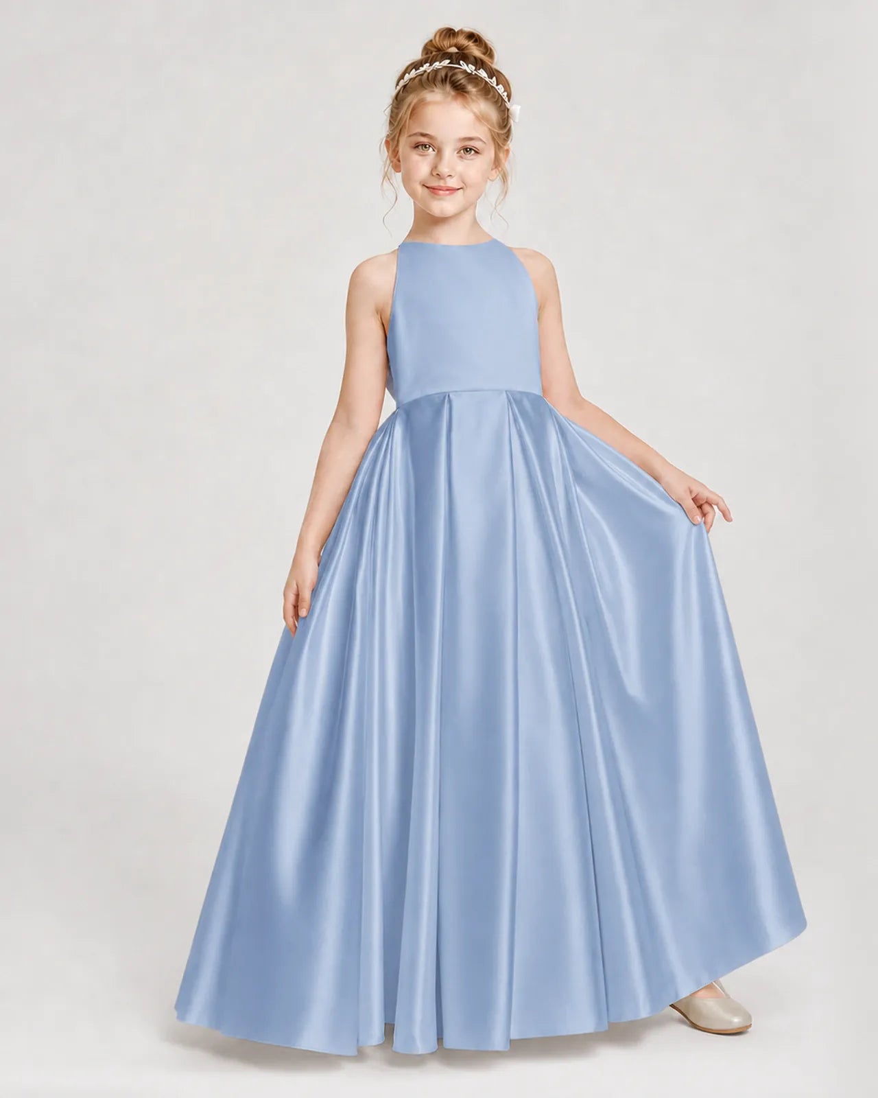 Dusty Blue Satin A-line Girls Formal Dress Front View