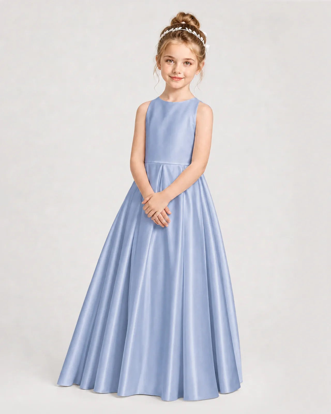 Dusty Blue Satin A-line Girls Formal Dress Side View