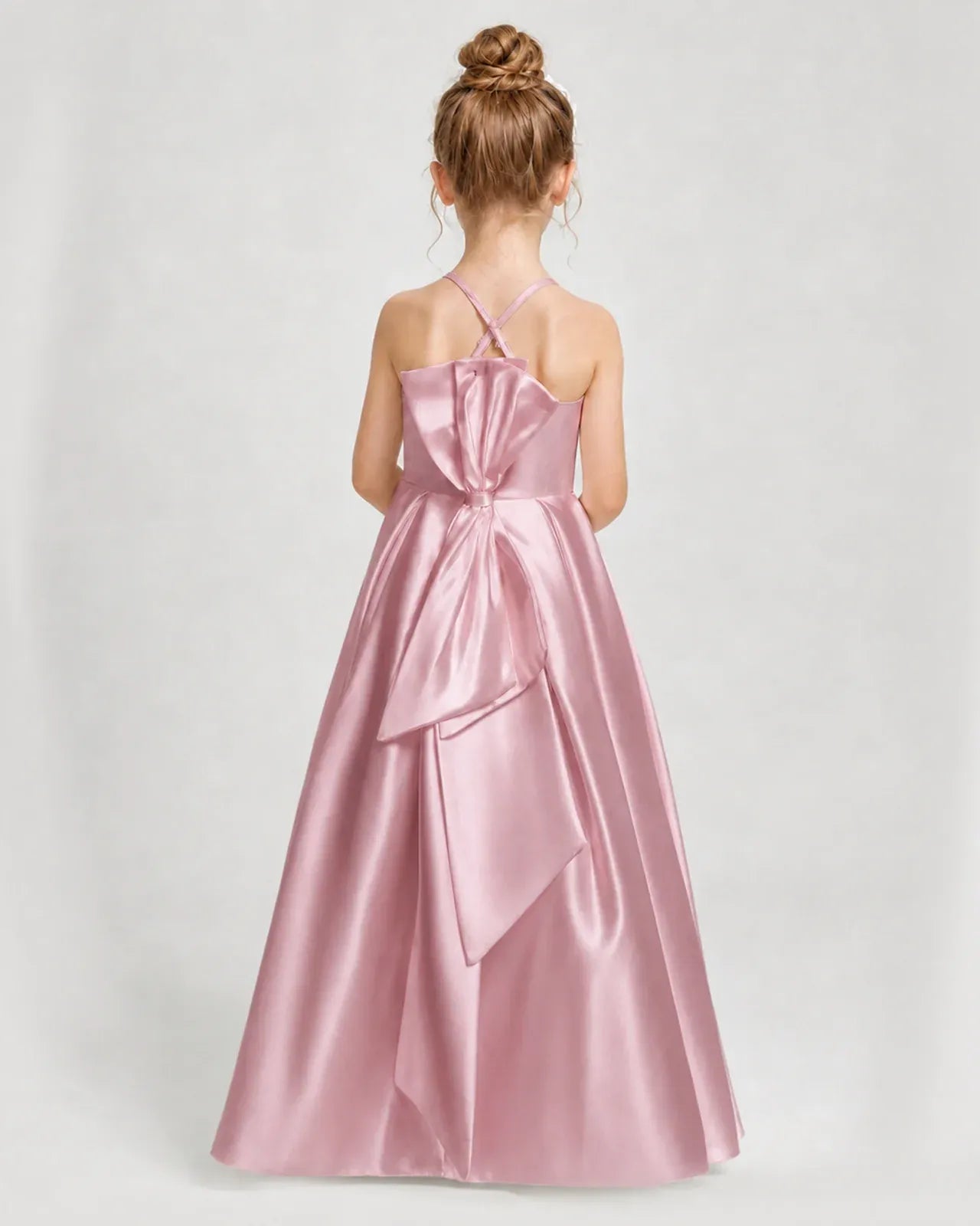 Dusty Rose Satin A-line Girls Formal Dress Back View