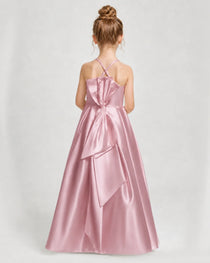Dideyttawl Girls Formal Dress Halter Neck Bow Back Satin Floor-Length Gown