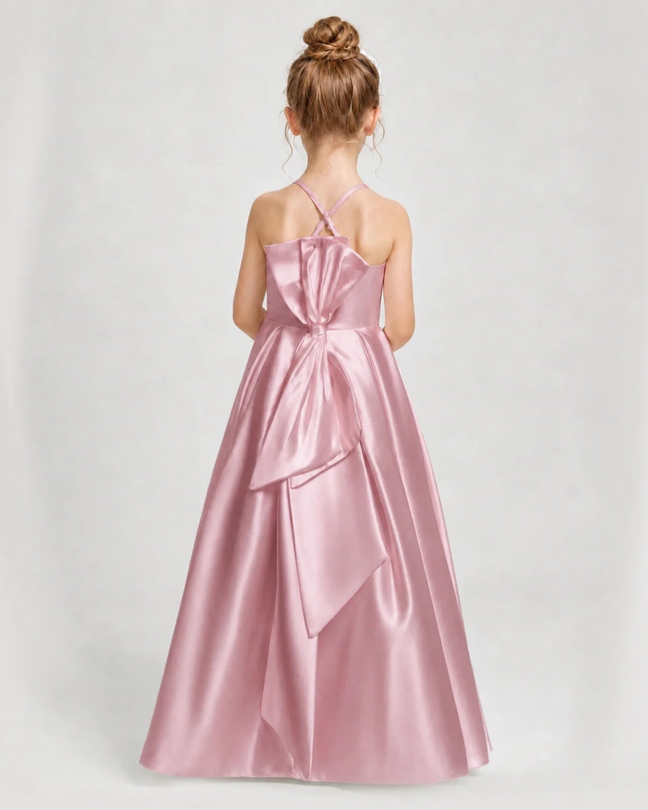 Dideyttawl Girls Formal Dress Halter Neck Bow Back Satin Floor-Length Gown