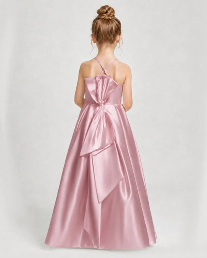 Dusty Rose Satin A-line Girls Formal Dress Back View