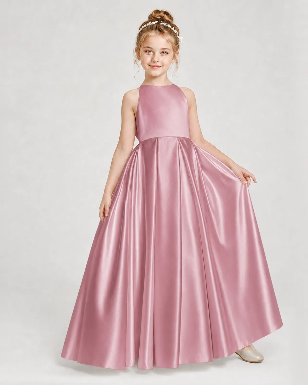 Dusty Rose Satin A-line Girls Formal Dress Front View