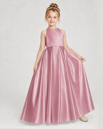 Dideyttawl Girls Formal Dress Halter Neck Bow Back Satin Floor-Length Gown
