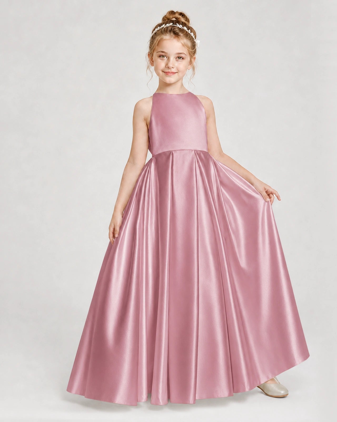 Dideyttawl Girls Formal Dress Halter Neck Bow Back Satin Floor-Length Gown
