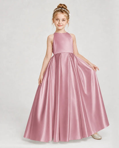 Dusty Rose Satin A-line Girls Formal Dress Front View