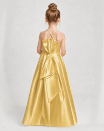 Dideyttawl Girls Formal Dress Halter Neck Bow Back Satin Floor-Length Gown