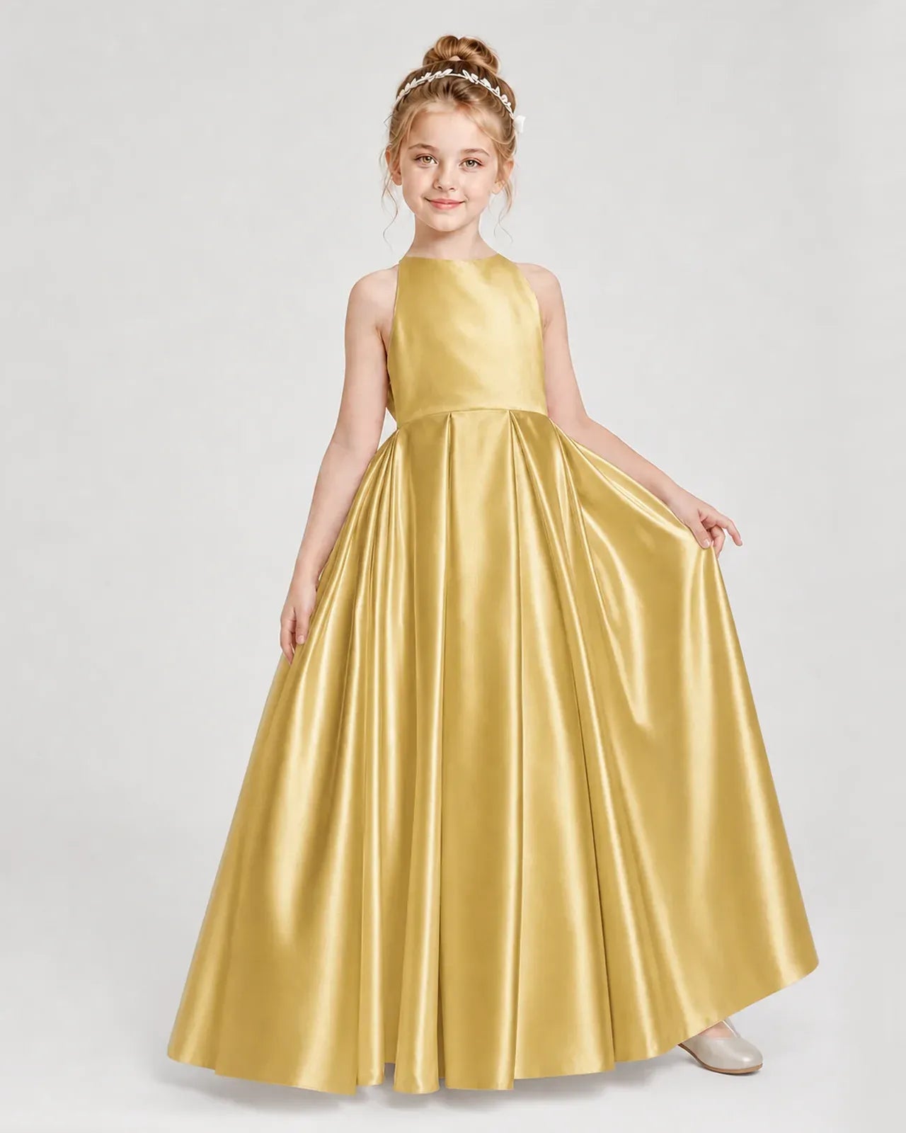 Gold Satin A-line Girls Formal Dress Front View