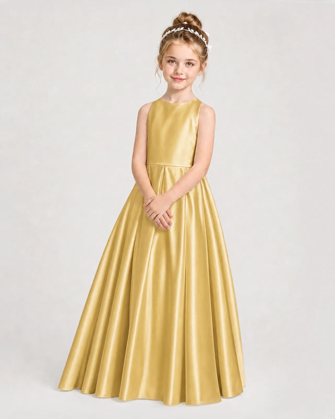 Gold Satin A-line Girls Formal Dress Side View