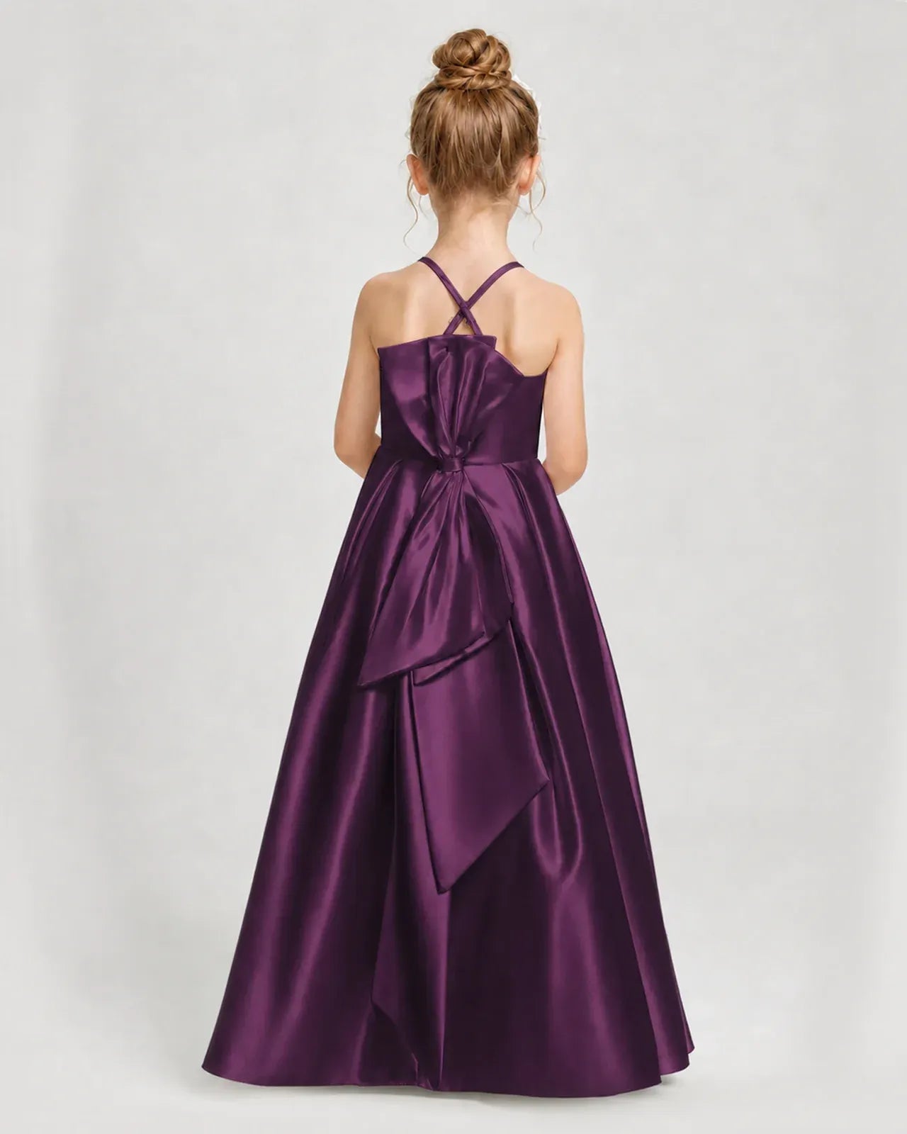 Grape Satin A-line Girls Formal Dress Back View