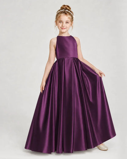 Grape Satin A-line Girls Formal Dress Front View