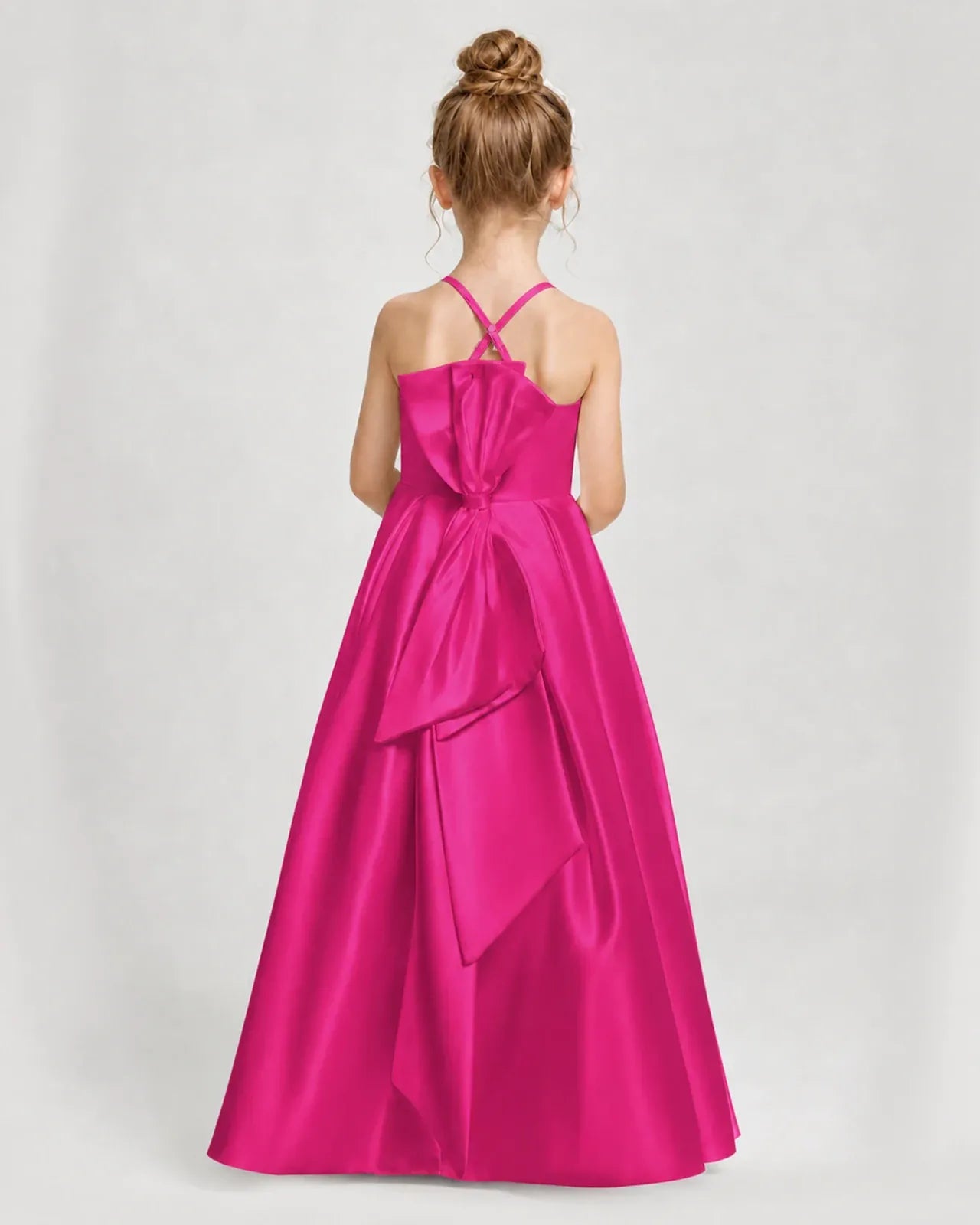 Hot Pink Satin A-line Girls Formal Dress Back View