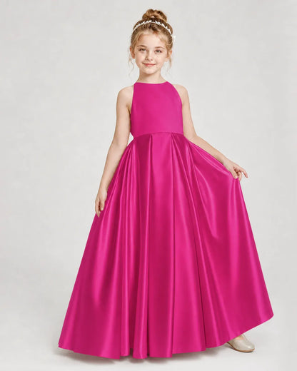 Hot Pink Satin A-line Girls Formal Dress Front View