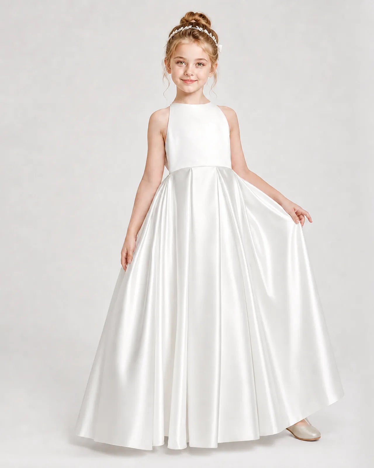 Ivory Satin A-line Girls Formal Dress Front View