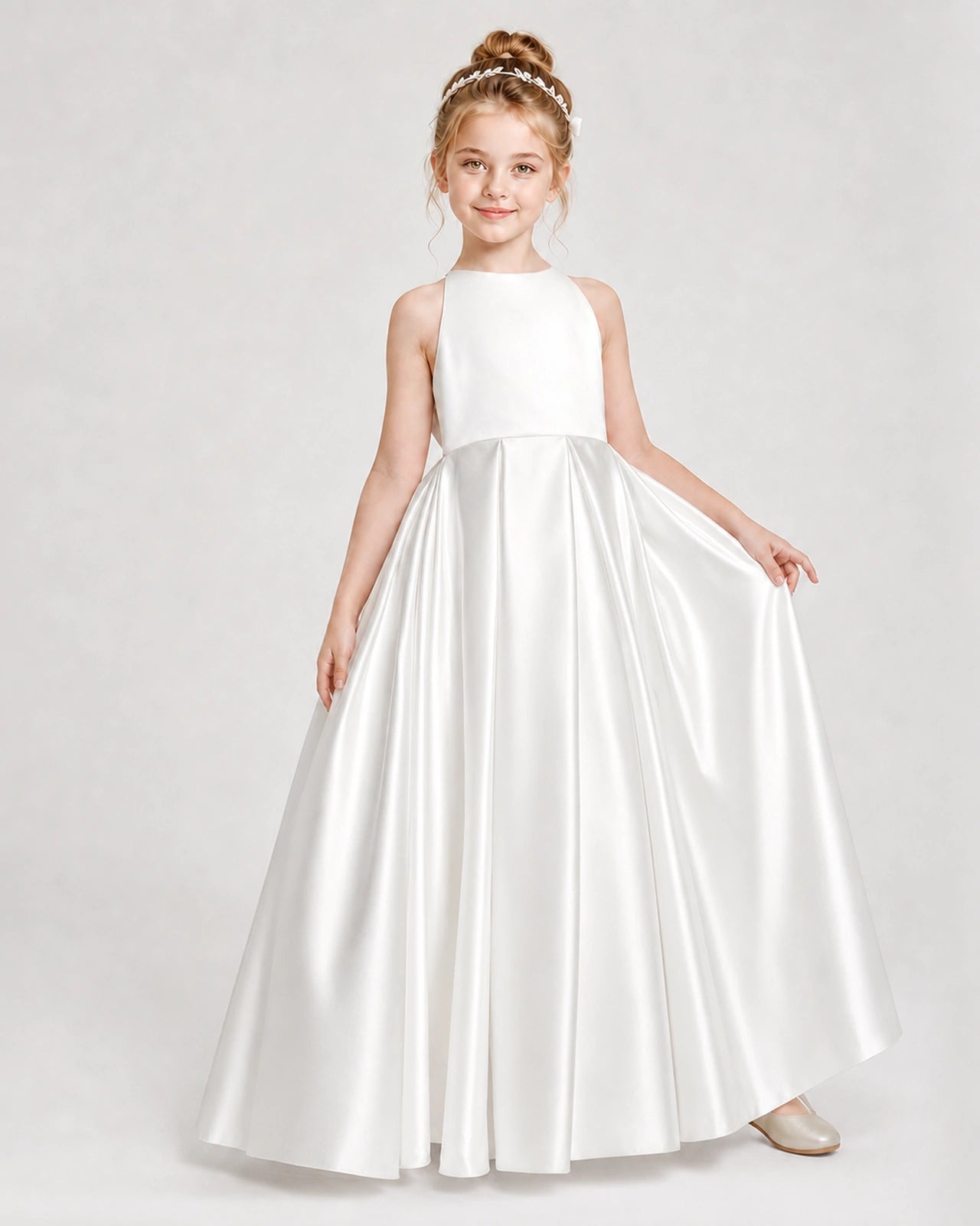Dideyttawl Girls Formal Dress Halter Neck Bow Back Satin Floor-Length Gown