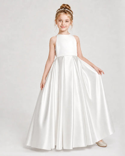 Ivory Satin A-line Girls Formal Dress Front View