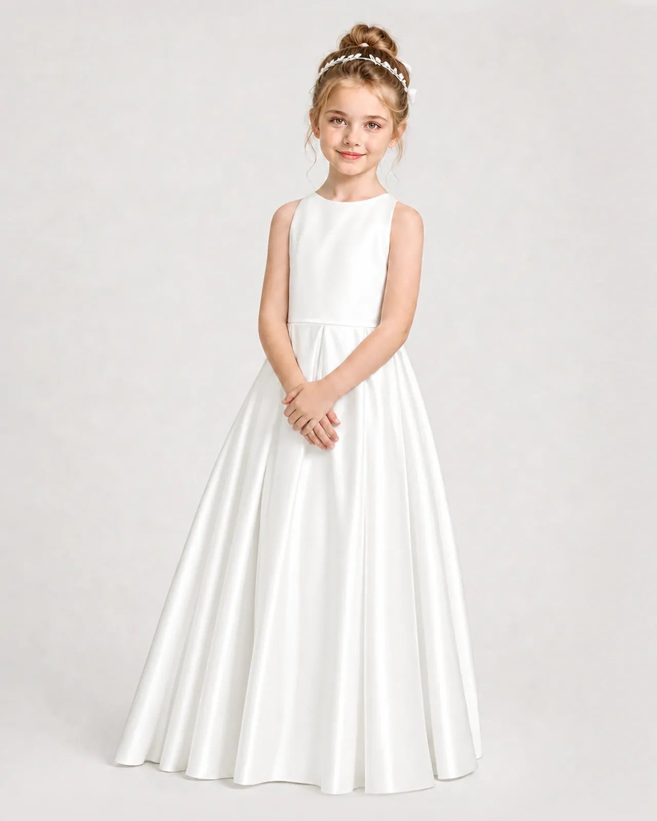 Ivory Satin A-line Girls Formal Dress Side View
