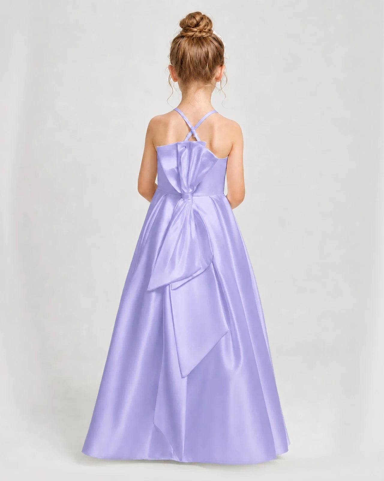 Dideyttawl Girls Formal Dress Halter Neck Bow Back Satin Floor-Length Gown