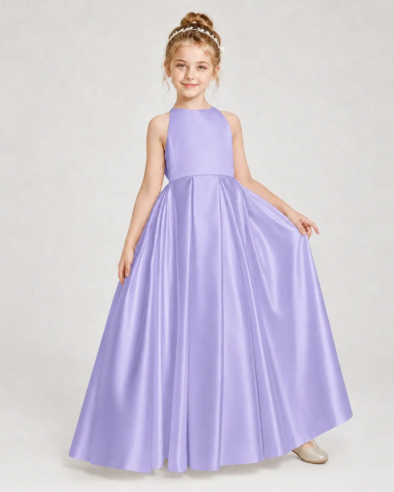 Lavender Satin A-line Girls Formal Dress Front View