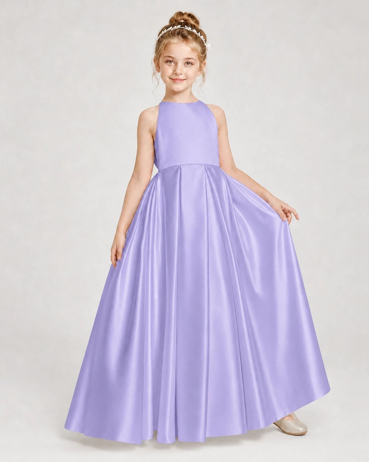 Dideyttawl Girls Formal Dress Halter Neck Bow Back Satin Floor-Length Gown