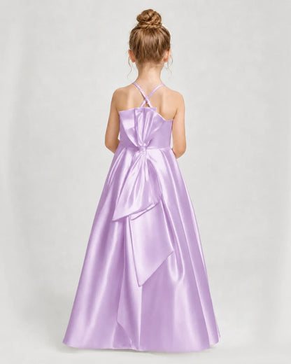 Lilac Satin A-line Girls Formal Dress Back View