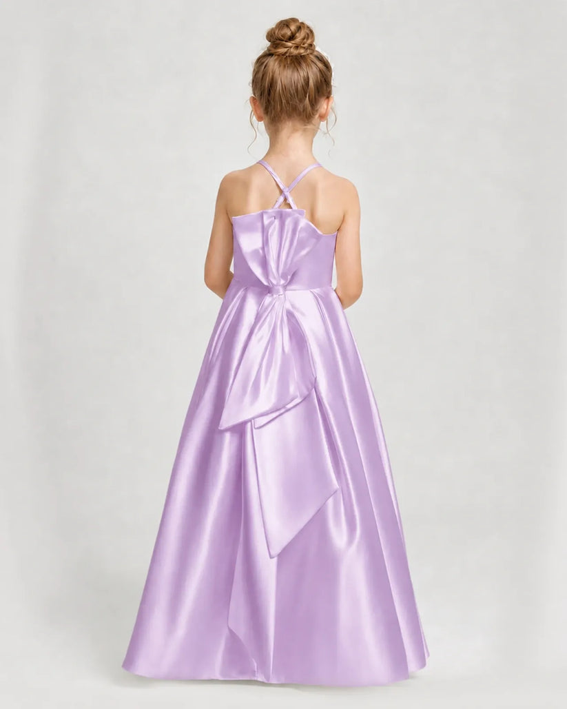 Lilac Satin A-line Girls Formal Dress Back View