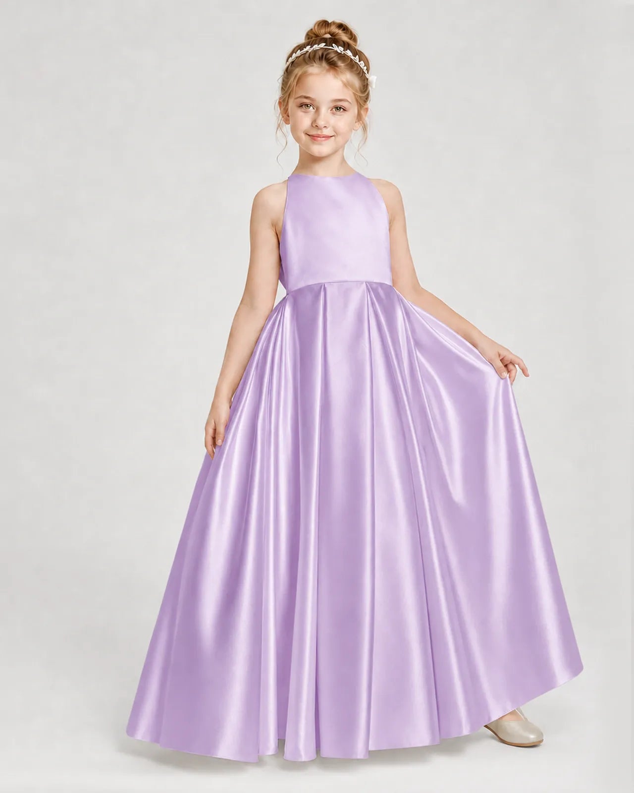 Lilac Satin A-line Girls Formal Dress Front View