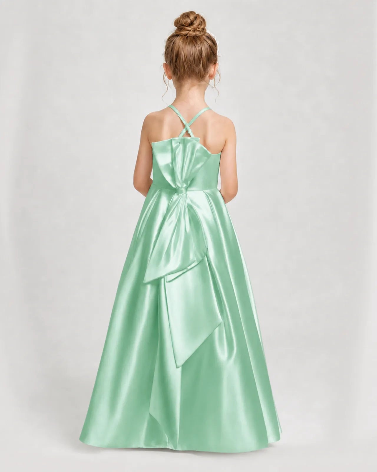 Mint Green Satin A-line Girls Formal Dress Back View