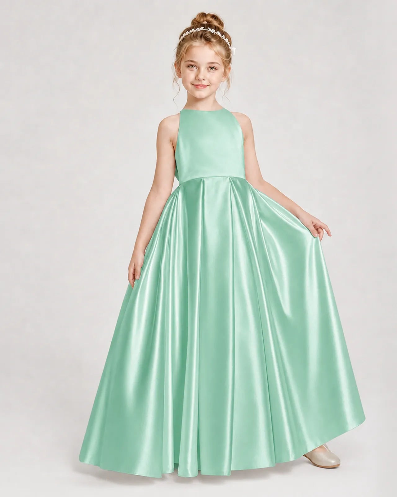 Mint Green Satin A-line Girls Formal Dress Front View