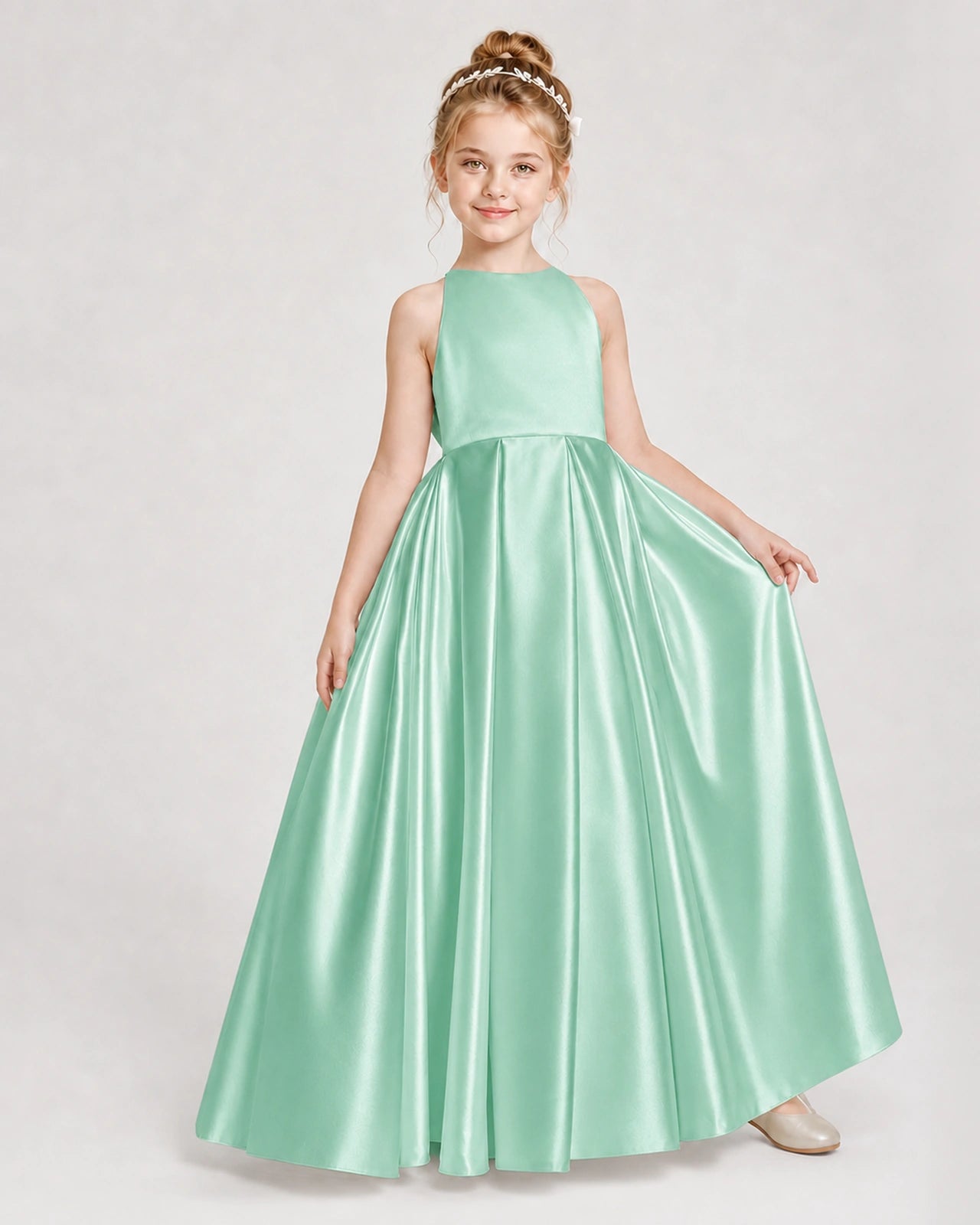Dideyttawl Girls Formal Dress Halter Neck Bow Back Satin Floor-Length Gown