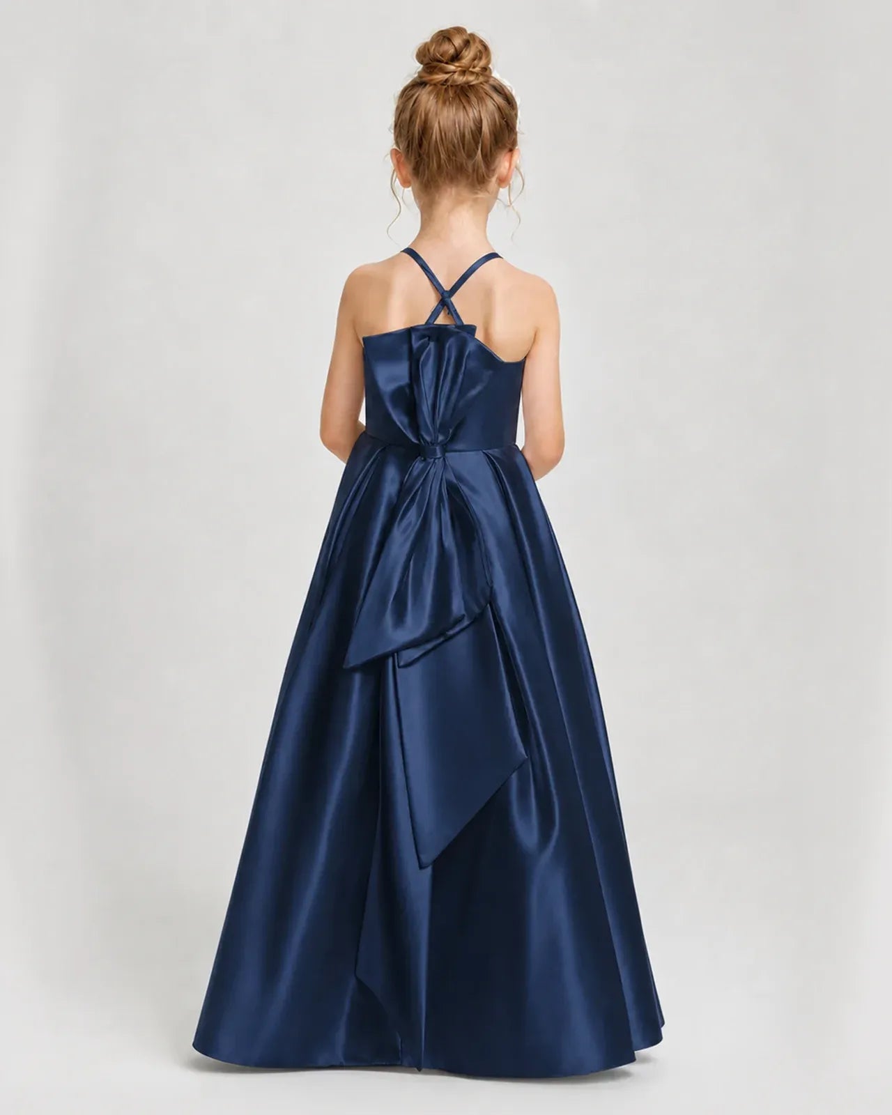 Navy Blue Satin A-line Girls Formal Dress Back View
