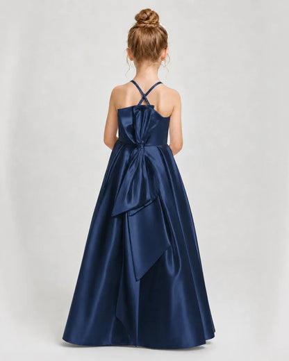 Navy Blue Satin A-line Girls Formal Dress Back View