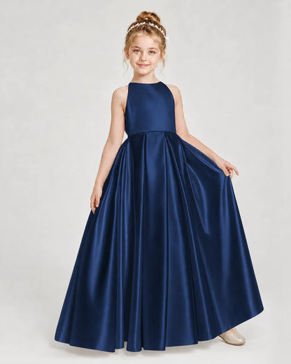 Navy Blue Satin A-line Girls Formal Dress Front View