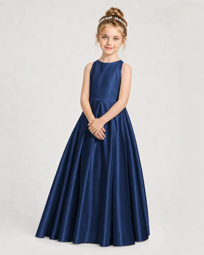 Navy Blue Satin A-line Girls Formal Dress Side View